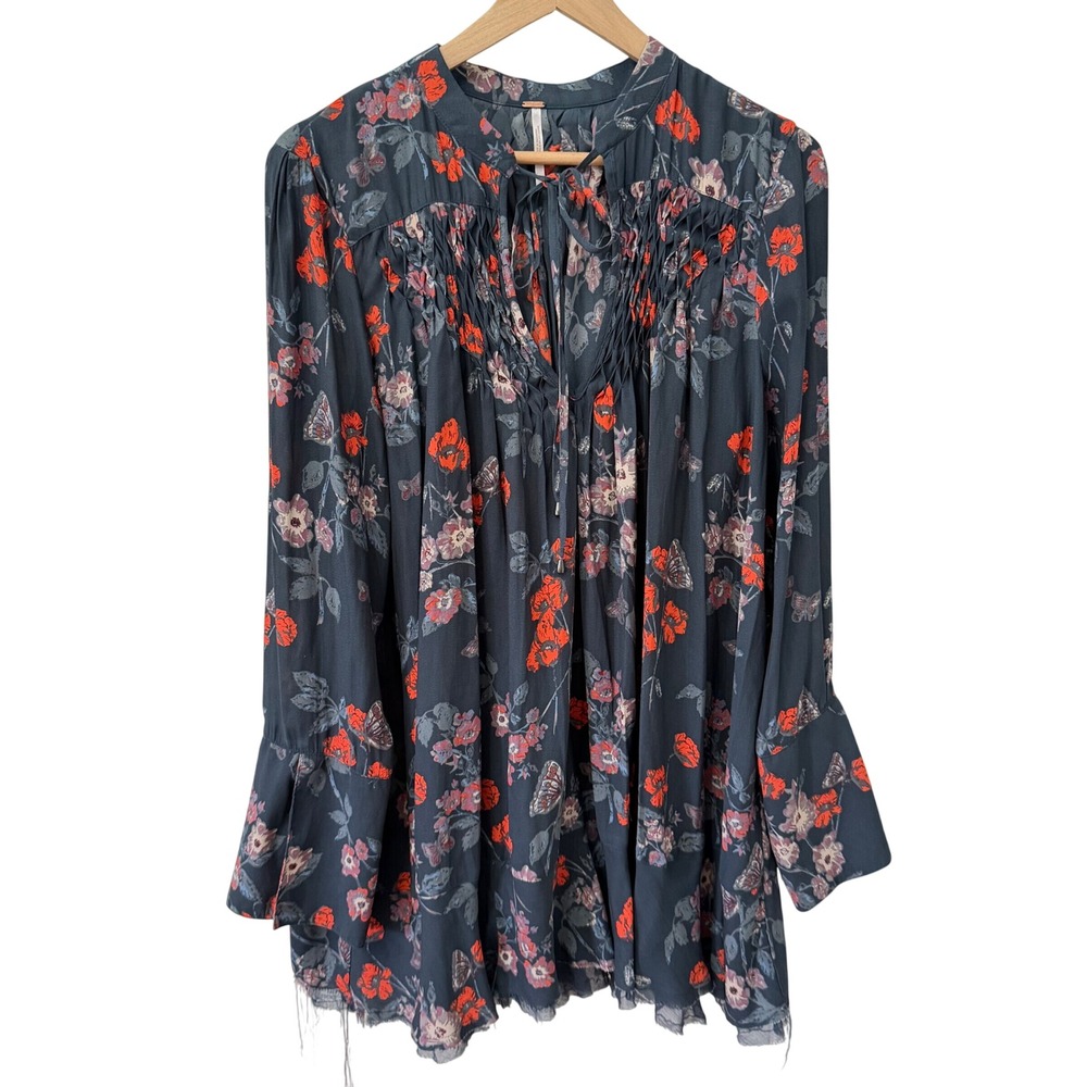 Free People Mini Dress L Gray Red Floral Butterfly Smocked Bell Sleeve Tunic